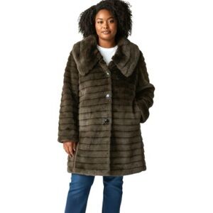 Vintage 90s Brown Faux Fur Coat Sz XL Teddy Winter Jacket Button Front